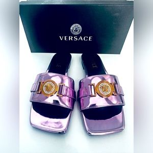 Versace Medusa Patern Leather Flat Sandals Sz 5